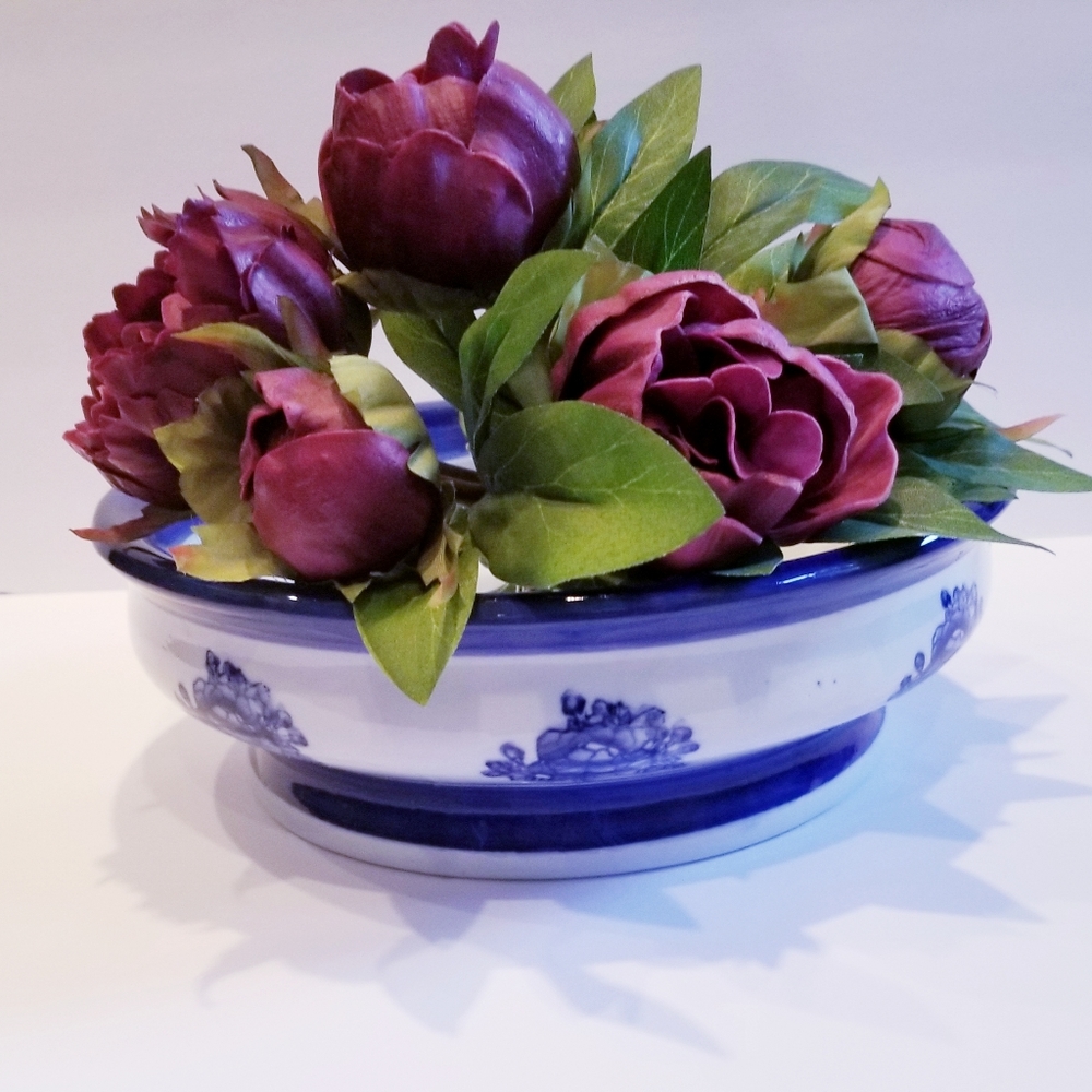 Flower Pot Chinoiserie Bowl Planter Blue White Shallow